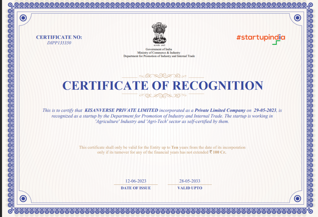 Startup India Certificate of Recognition